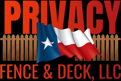 Privacy fence and deck text with wooden fence and Texas flag